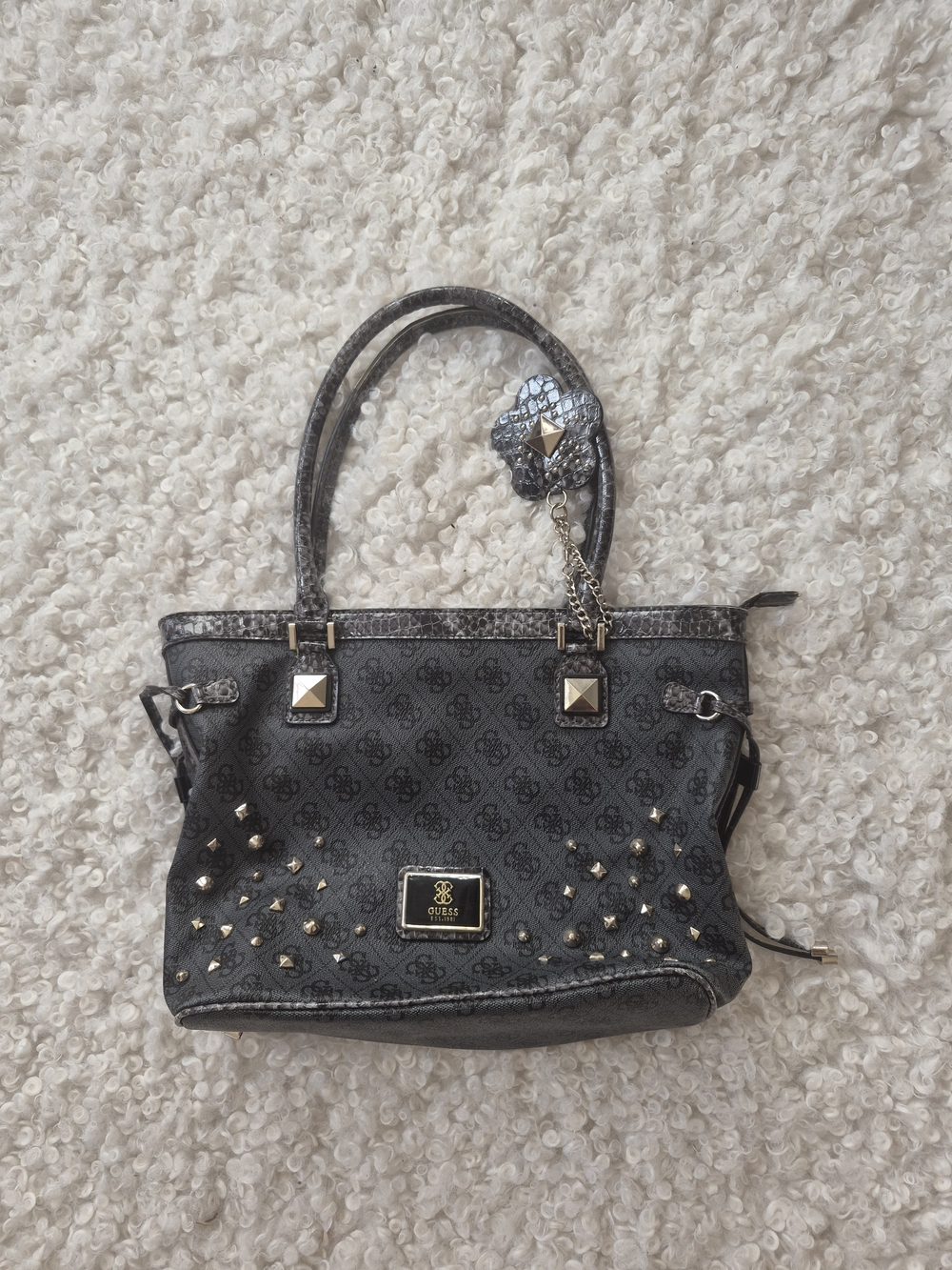 Guess Grey Logo Satchel with Studs & Flower Charm Classic Shoulder Bag